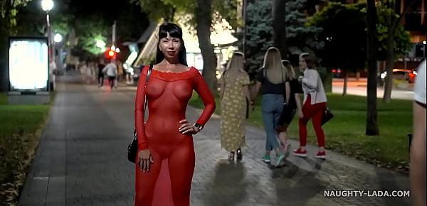  Red transparent dress in public
